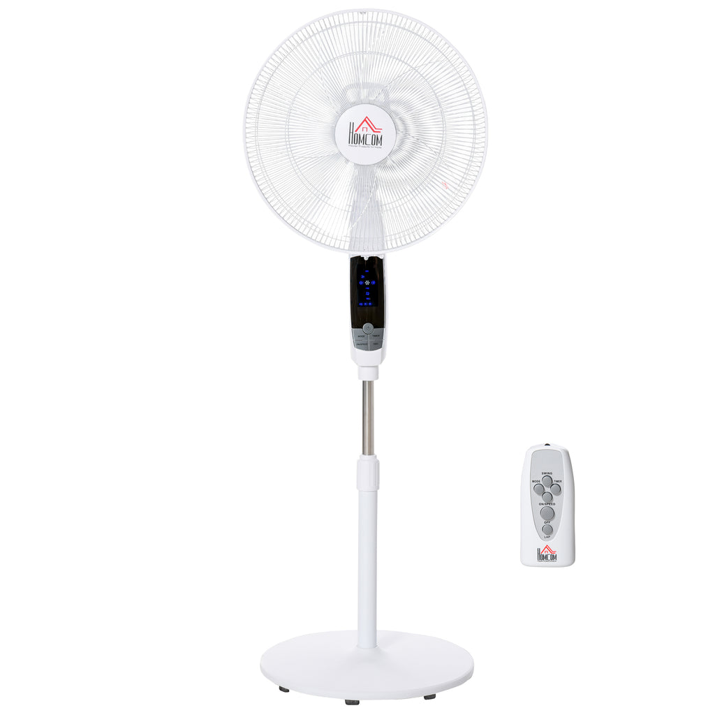 DodiOnline 16'' Pedestal Stand Fan, 3 Speed 3 Mode, 85° Oscillation, LED Panel, 3M Remote Controller, Height Adjustable for Living Room, Bedroom, Garage, Office, Black and White