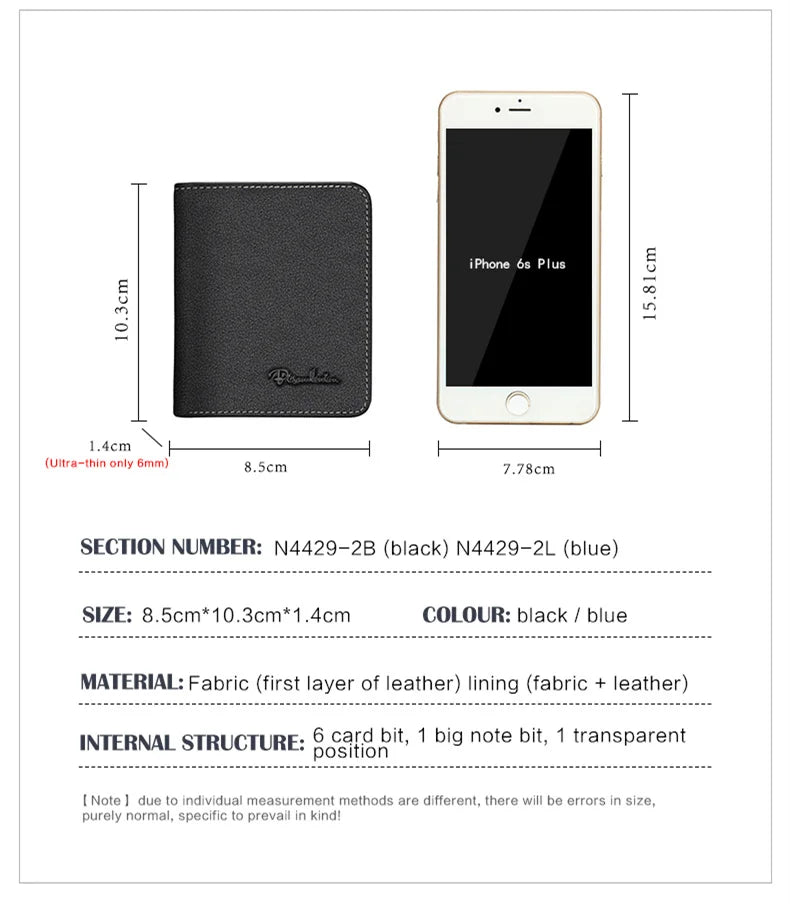 BISON DENIM Black Purse For Men Genuine Leather Men's Wallets Thin Male Wallet Card Holder Cowskin Soft Mini Purses N4429