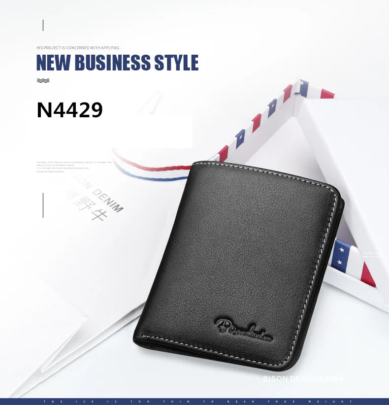 BISON DENIM Black Purse For Men Genuine Leather Men's Wallets Thin Male Wallet Card Holder Cowskin Soft Mini Purses N4429