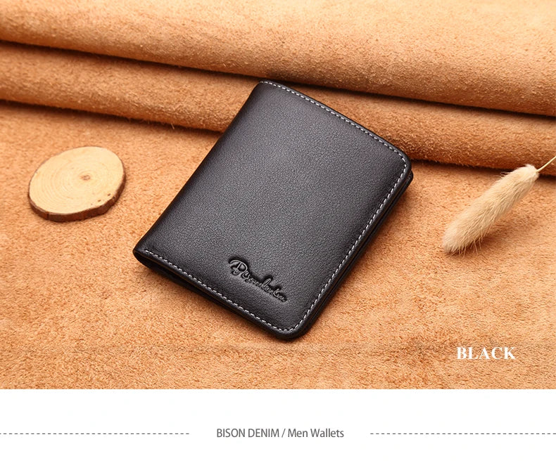 BISON DENIM Black Purse For Men Genuine Leather Men's Wallets Thin Male Wallet Card Holder Cowskin Soft Mini Purses N4429