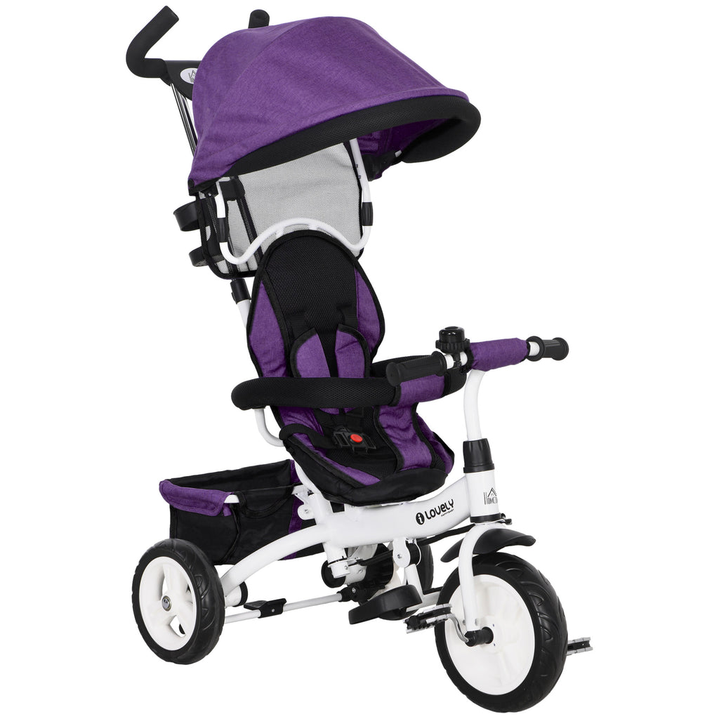 DodiOnline 6 in 1 Kids Trike Push Bike w/ Push Handle, Canopy, 5-point Safety Belt, Storage, Footrest, Brake, for 1-5 Years, Purple