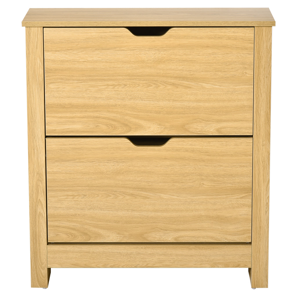 DodiOnline Narrow Shoe Cabinet, Space Saving Shoe Storage Cabinet with 2 Flip Drawers and Adjustable Shelves for 12 Pairs of Shoes for Hallways and Living Room, Natural Wood Finish
