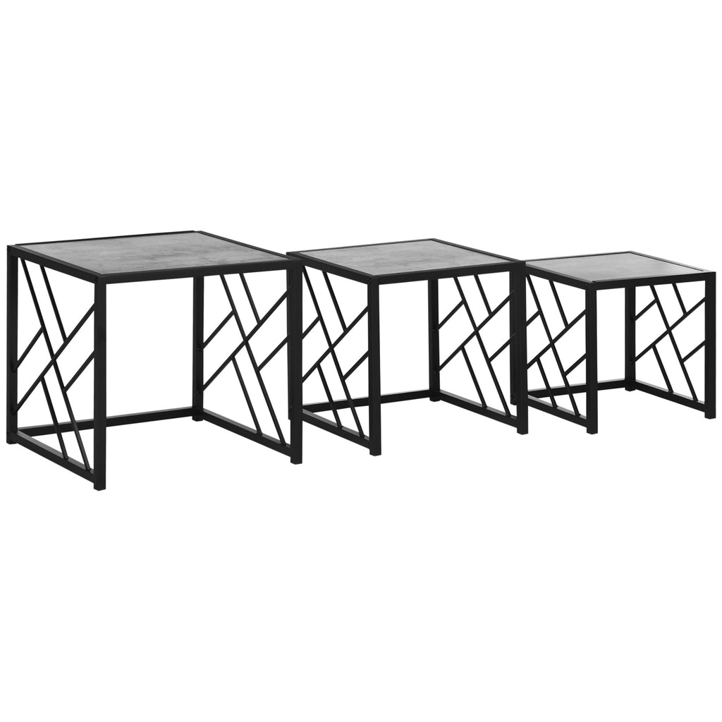 DodiOnline Nesting Coffee Tables, Set of 3 Square Side Tables with Black Metal Frame, for Living Room, Bedroom and Office, Grey