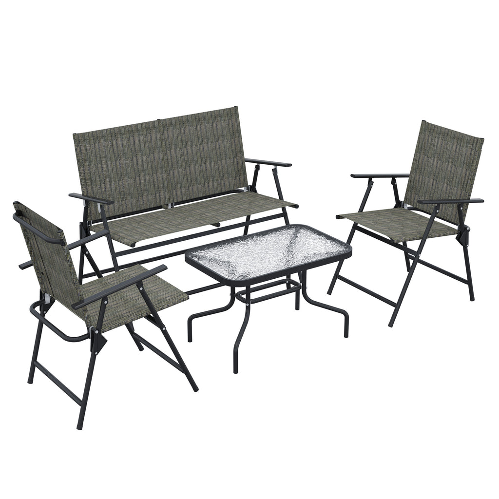 DodiOnline Outdoor 4 Pieces Patio Furniture Set with Breathable Mesh Fabric Seat & Backrest, Garden Set with Two Foldable Armchairs, a Loveseat & Glass Top Table, Mixed Brown