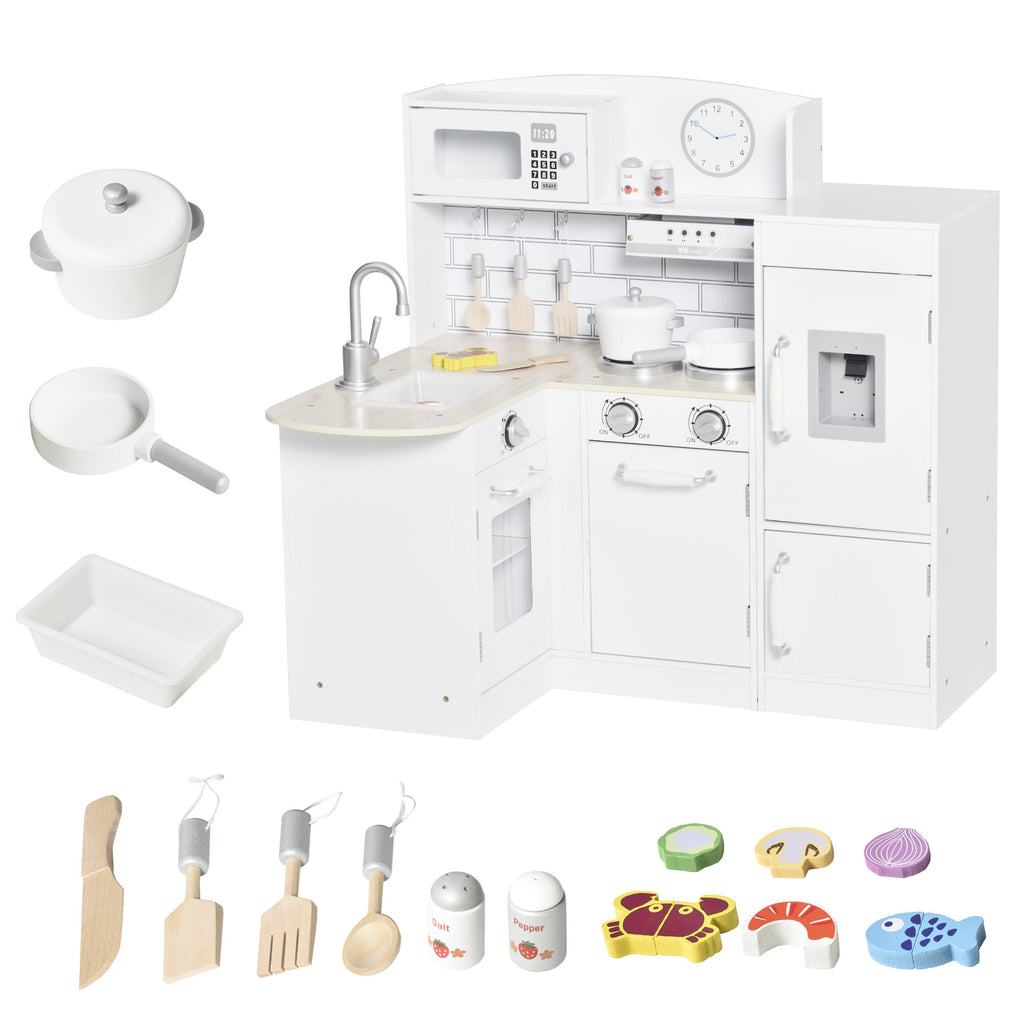 DodiOnline Kids Play Kitchen Wooden Toy Kitchen Cooking Set for Children with Drinking Fountain, Microwave, and Fridge White