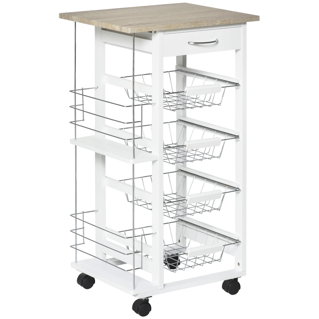 DodiOnline Rolling Kitchen Cart, Utility Storage Cart with 4 Basket Drawers & Side Racks, Wheels for Dining Room, Natural and White