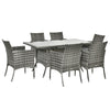 DodiOnline 6 Seater Rattan Dining Set with Cushions, Rattan Outdoor Furniture Set with 6 Armchairs, Rectangular Glass Top Table, Outdoor Dining Table and Chairs, Grey