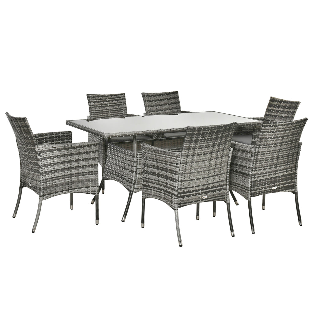 DodiOnline 6 Seater Rattan Dining Set with Cushions, Rattan Outdoor Furniture Set with 6 Armchairs, Rectangular Glass Top Table, Outdoor Dining Table and Chairs, Grey