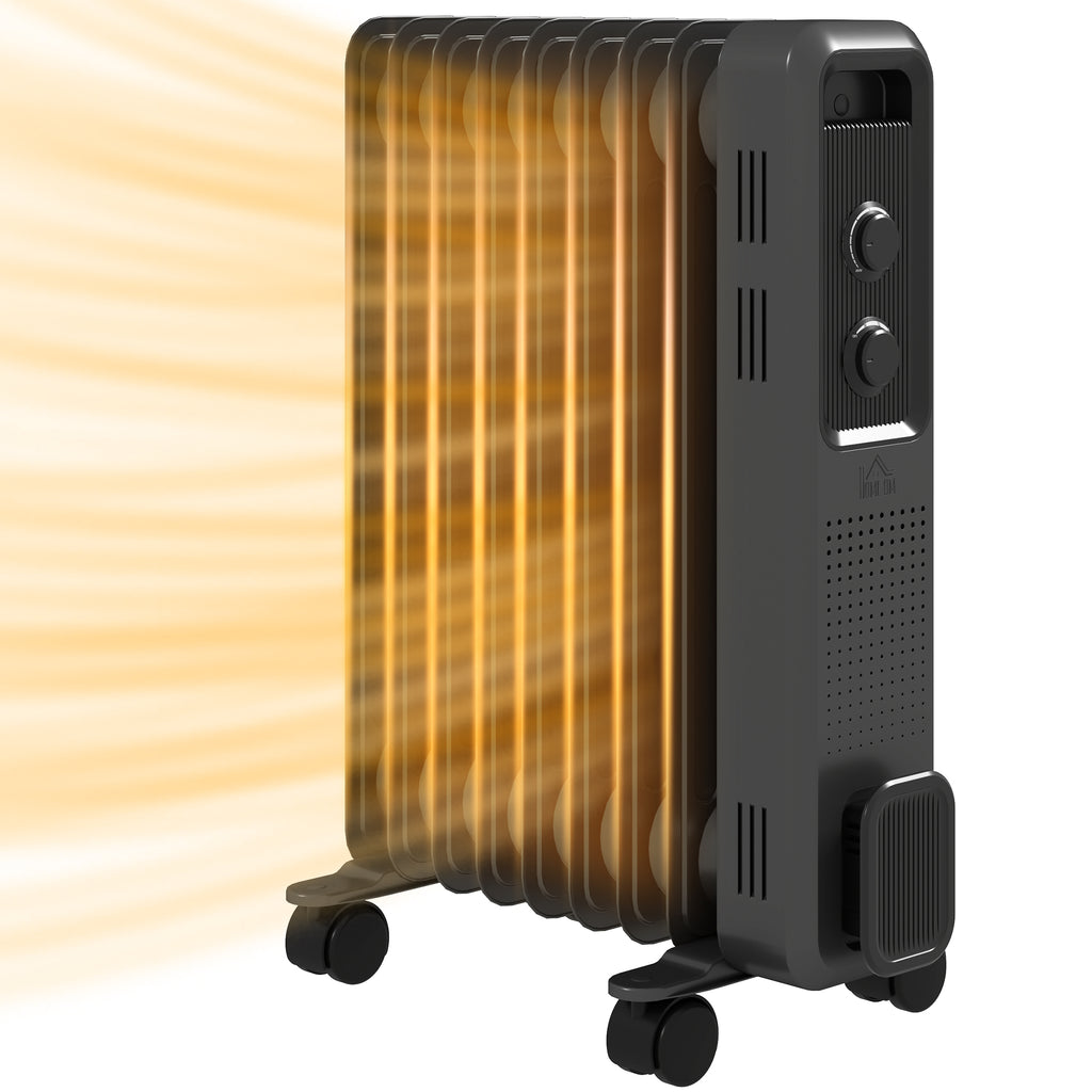 DodiOnline 2000W Oil Filled Radiator, 9 Fin, Portable Electric Heater with 3 Heat Settings, Safety Cut-Off and Wheels, Grey