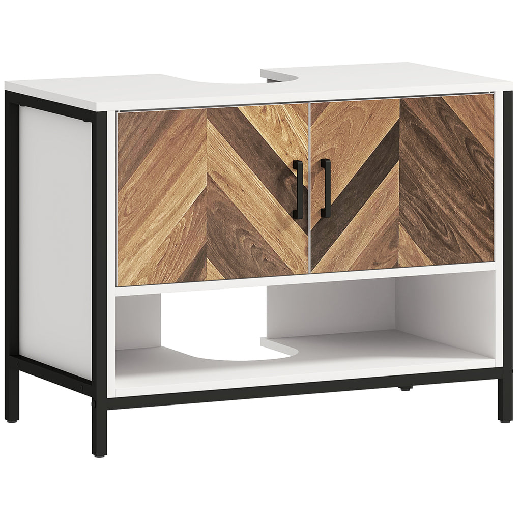 DodiOnline Under Sink Bathroom Cabinet, Rustic Under Sink Cabinet with Herringbone Doors and Open Compartment for Basin with or without Pedestal, 80 x 40 x 60cm, Cream White