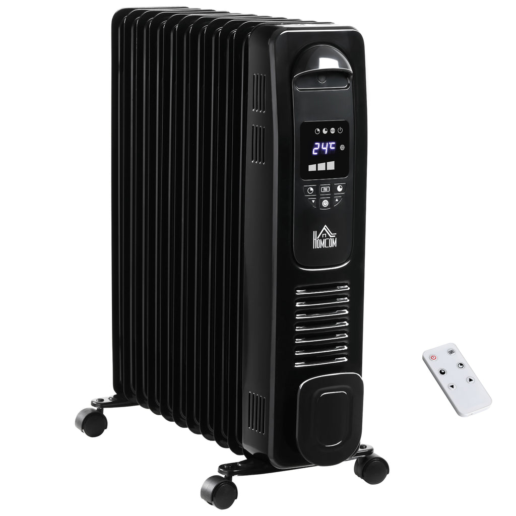 DodiOnline 2500W Digital Display Oil Filled Radiator, 11 Fin Portable Electric Heater with Timer, Adjustable Thermostat, Three Heat settings, Safety Cut Off, Remote, Black