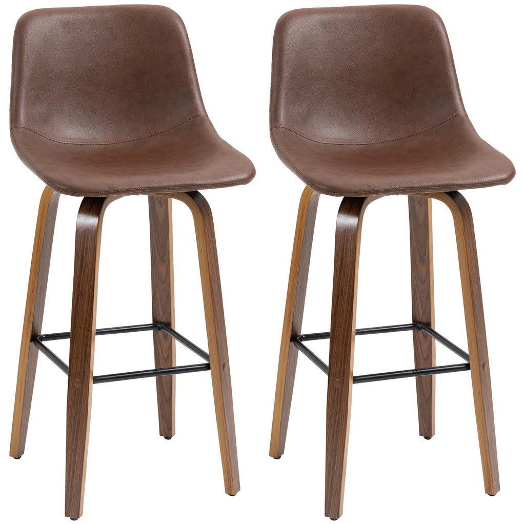 DodiOnline Bar Stools Set of 2, Breakfast Bar Chairs, PU Leather Upholstered Kitchen Stools with Backs and Wood Legs, Brown