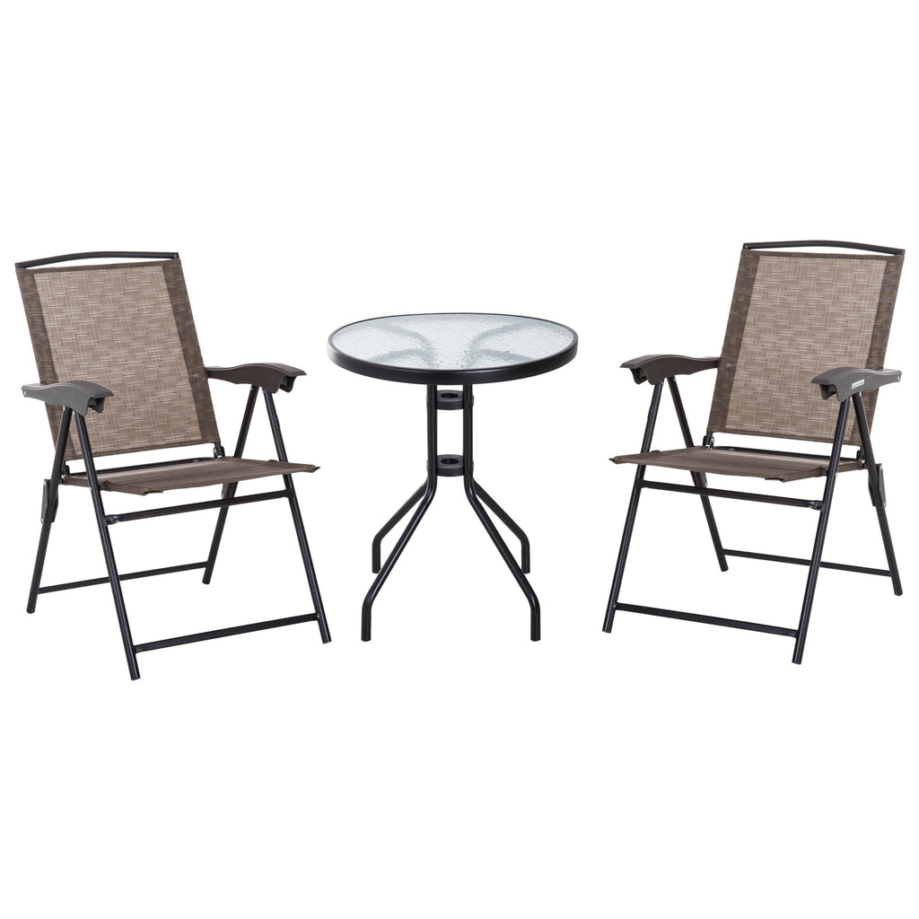 DodiOnline 3 Piece Outdoor Bistro Set, Patio Conversation Furniture Set with 2 Folding Backrest Adjustable Armchairs and Glass Top Coffee Table, Brown