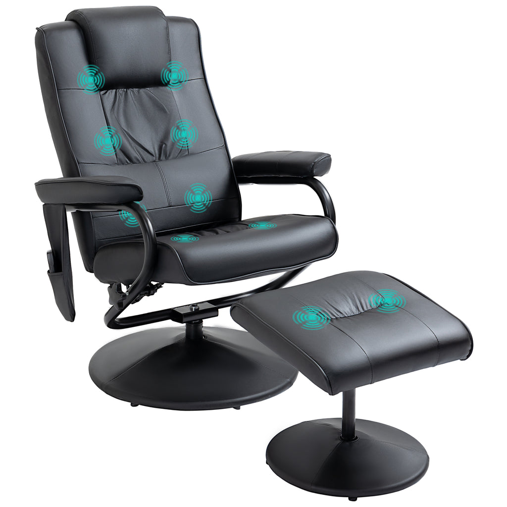 DodiOnline Swivel Recliner Chair and Footstool, Faux Leather Massage Recliner Armchair with Remote Control and Round Wrapped Base, Black