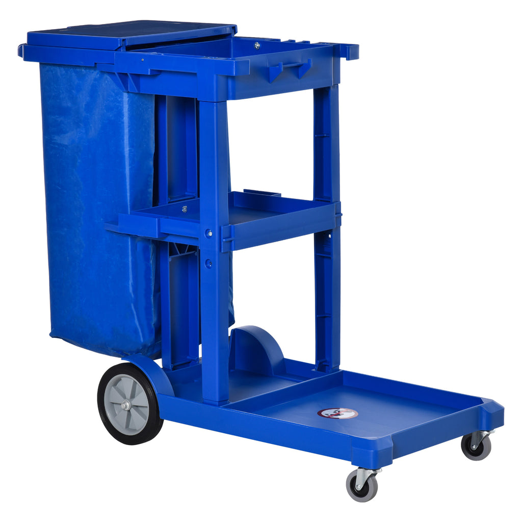 DodiOnline Janitor Cleaning Trolley, with Bin, Shelves and Hooks - Blue