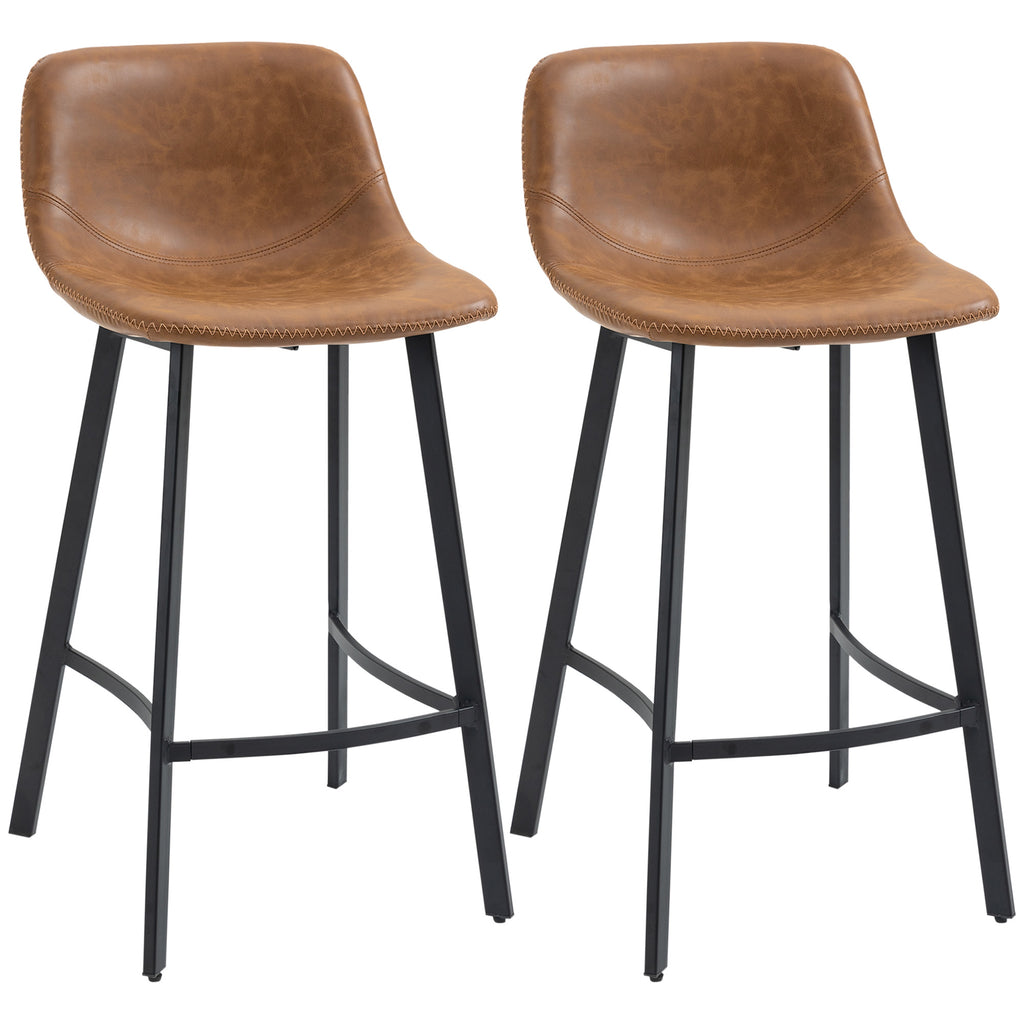 DodiOnline Bar Stools Set of 2, Industrial Kitchen Stool, Upholstered Bar Chairs with Back, Steel Legs, Brown