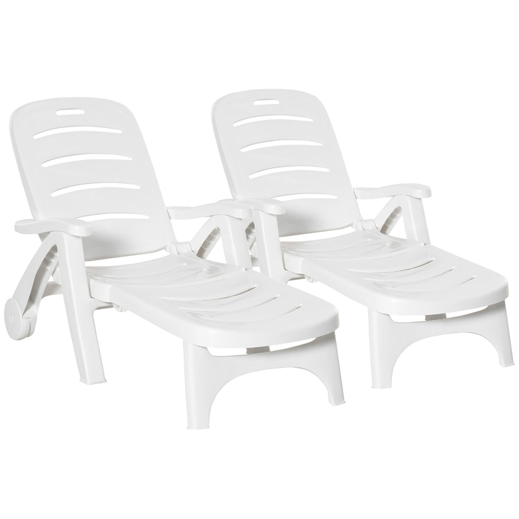 DodiOnline 2PCs Outdoor Folding Sun Lounger Recliner on Wheels w/ 5-Position Backrest, White