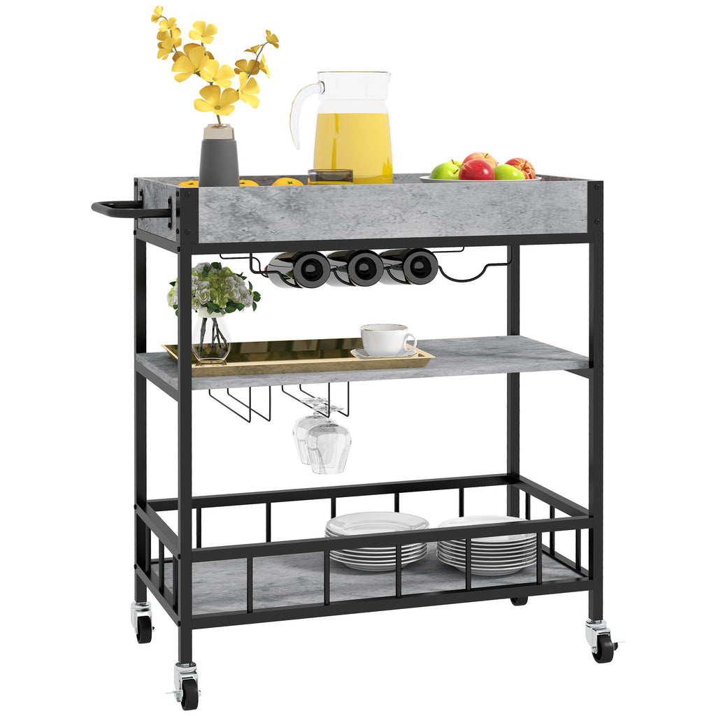 DodiOnline 3-Tier Kitchen Cart, Kitchen Island with Storage Shelves, Removable Tray, Wine Racks, Glass Holders, Faux Marbled Grey