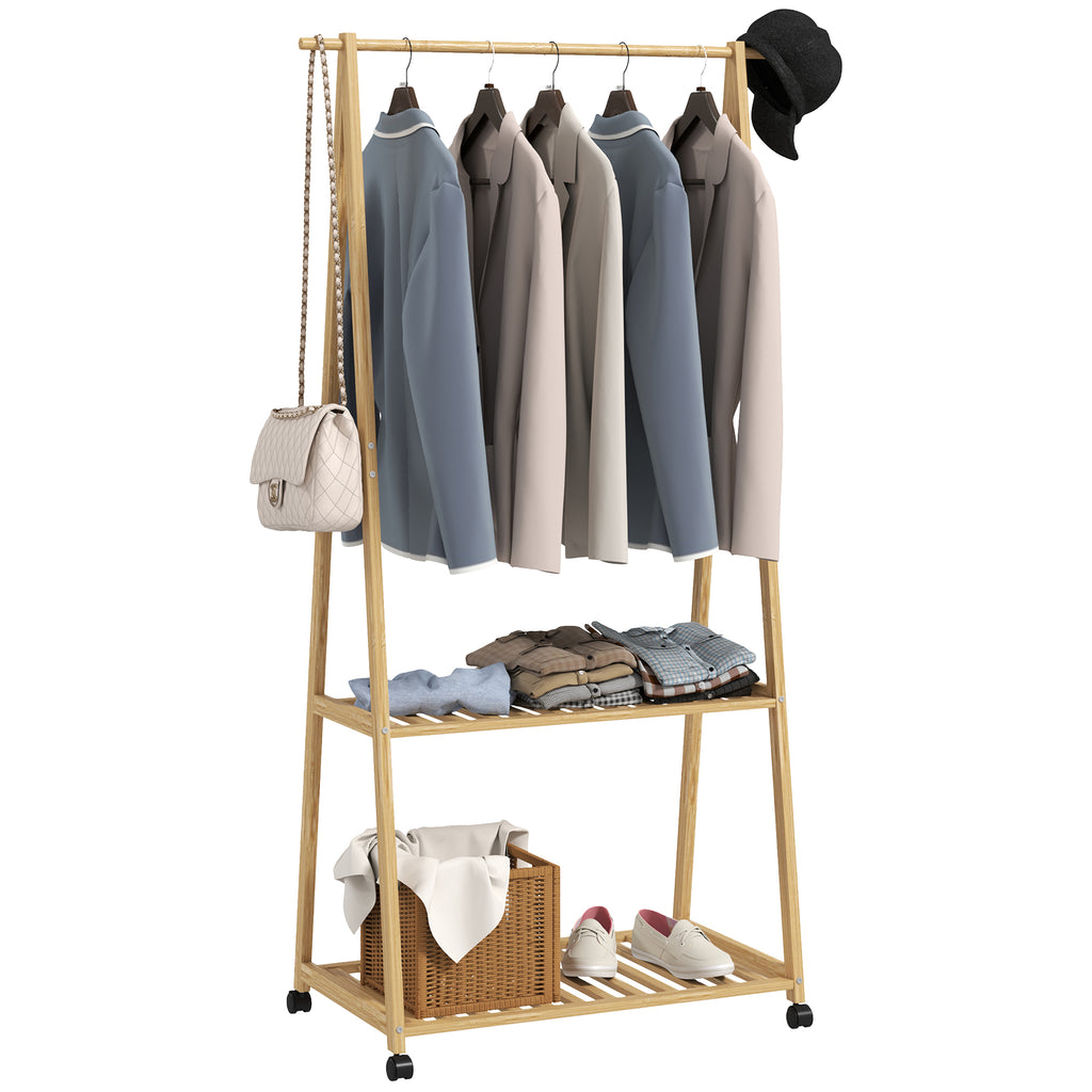DodiOnline Bamboo Clothes Rack, with Shelves and Hooks - Natural Finish