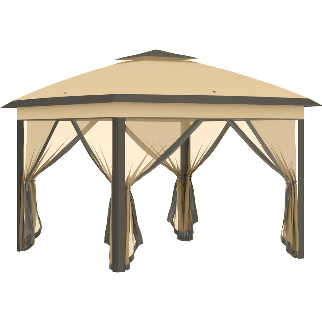 DodiOnline 3.3 x 3.3m Pop Up Gazebo, Double Roof Foldable Canopy Tent with Zipped Mesh Sidewalls, Height Adjustable and Carrying Bag, Event Tent for Patio Garden, Beige