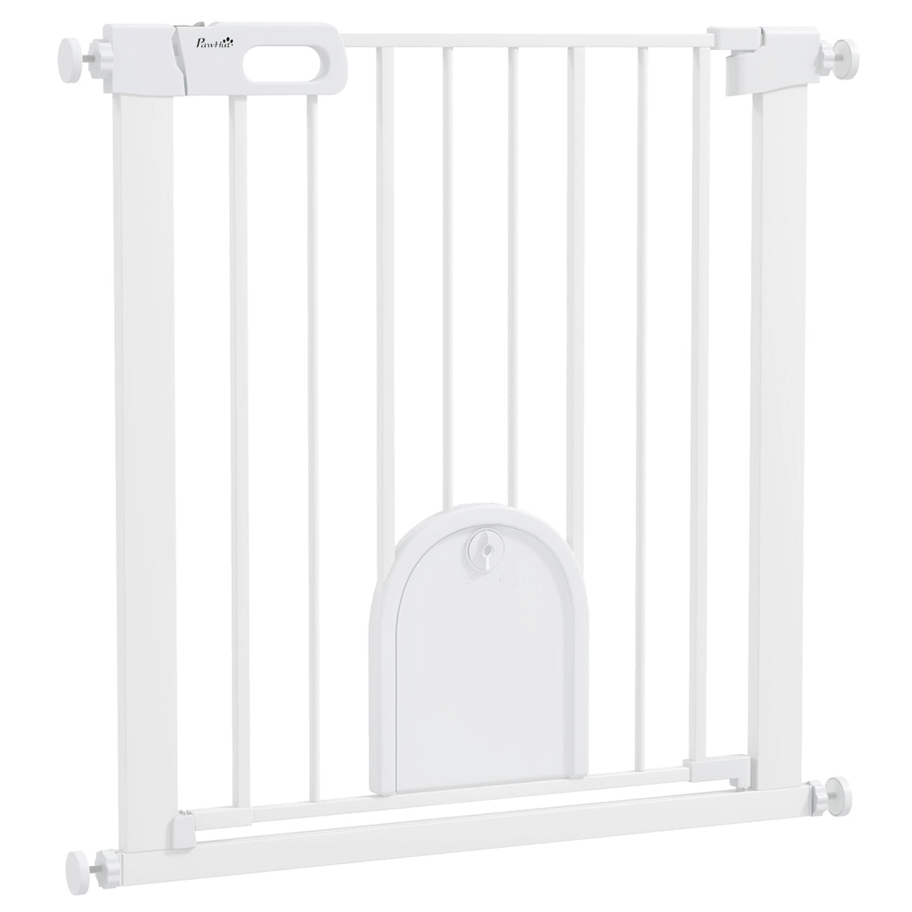 PawHut 75-82cm Pet Safet Gaye, Pressure Fit Stair, with Cat Flap, Double Locking, White
