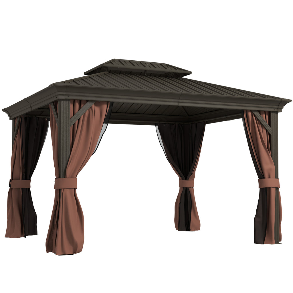 DodiOnline 3 x 3.7m Outdoor Hardtop Gazebo Canopy Aluminium Frame with 2-Tier Roof & Mesh Netting Sidewalls for Patio, Dark Brown