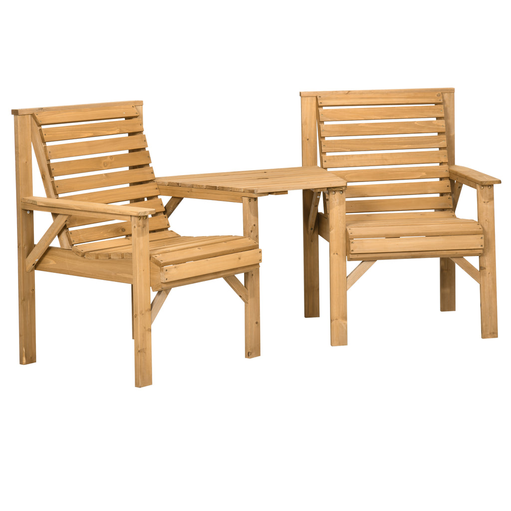DodiOnline Wooden Garden Love Seat, 2 Seater Jack & Jill Companion Seat with Coffee Table and Parasol Hole, Partner Bench, Table and Chairs Set, Outdoor Furniture for Garden, Balcony, Patio, Brown