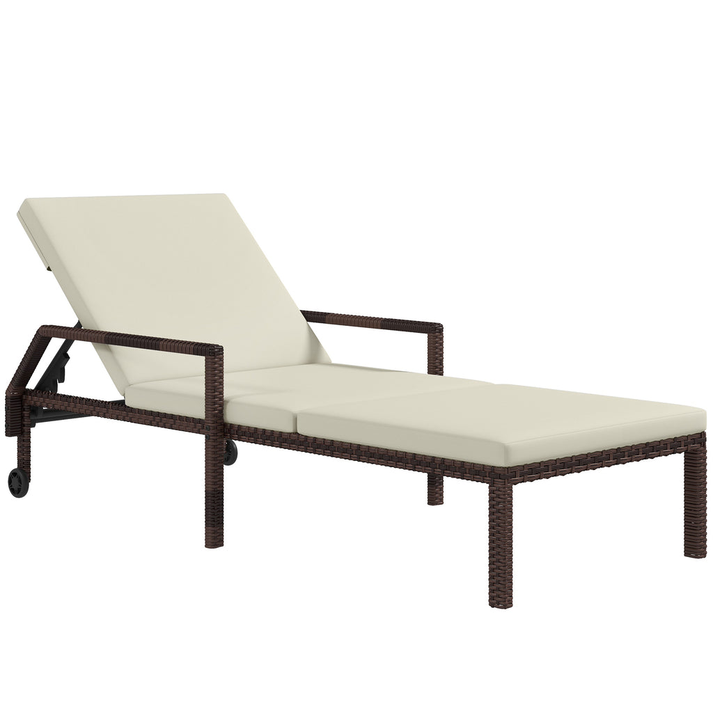 DodiOnline Outdoor Sun Lounger, Rattan Wicker Chaise Recliner with 5-Level Adjustable Backrest and 2 Wheels