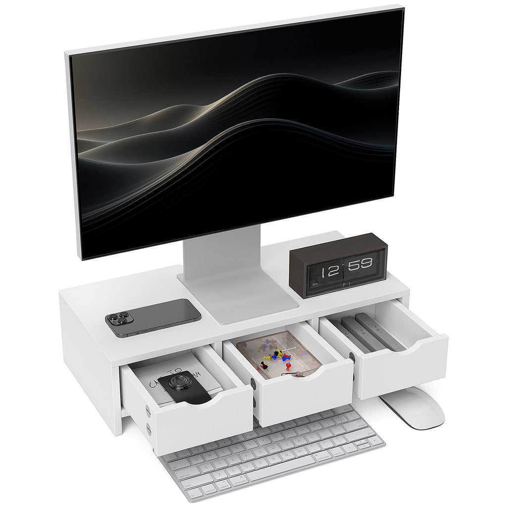 DodiOnline Monitor Stand Riser with 3 Drawers, Monitor Riser for Laptop, Computer, PC, Small Printer, 51 x 24 x 13cm, White
