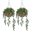 DodiOnline Set of 2 Decorative Artificial Plants, Faux Silk Lavender Flowers in Hanging Baskets, Fake Plants for Home Indoor Outdoor Decor, Purple