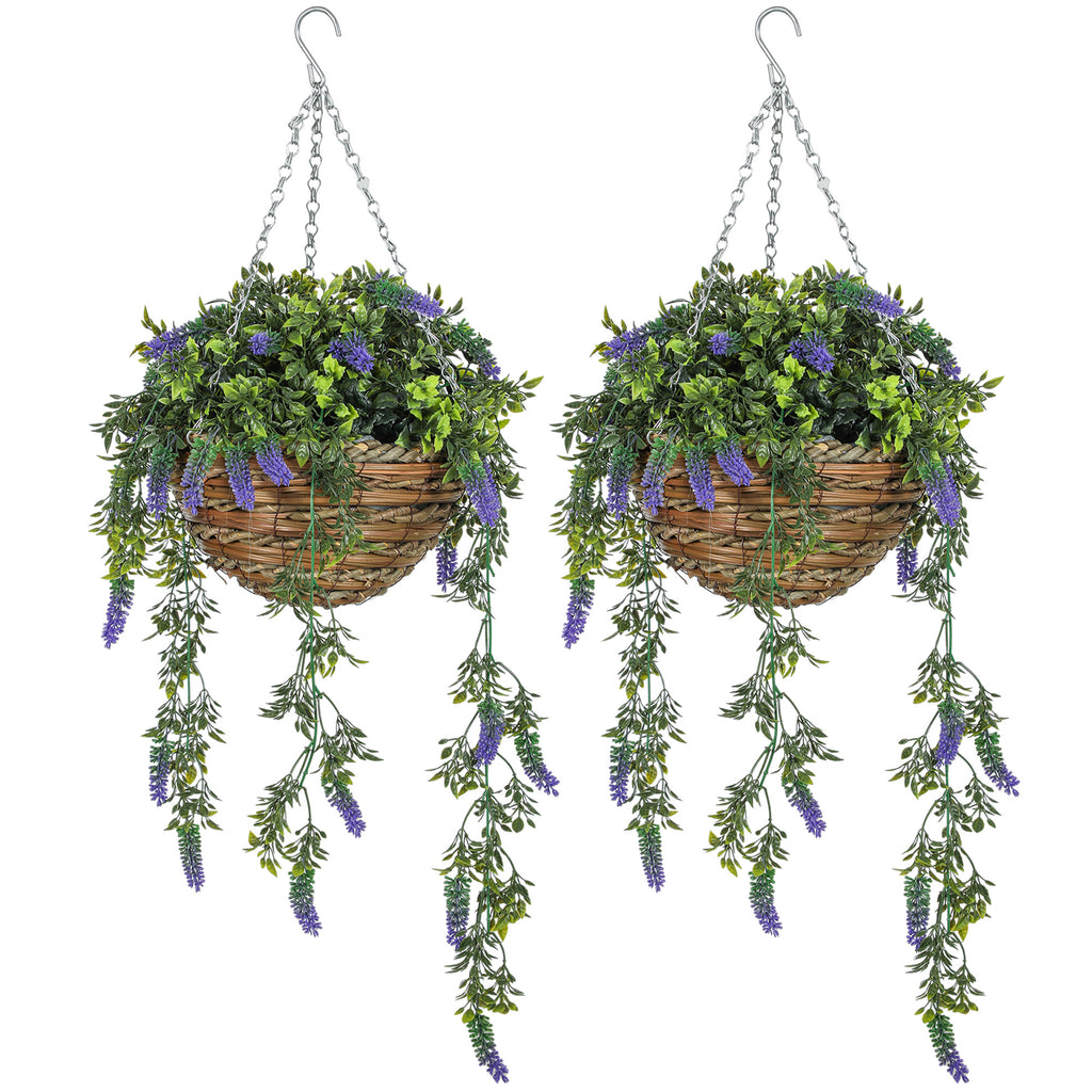 DodiOnline Set of 2 Decorative Artificial Plants, Faux Silk Lavender Flowers in Hanging Baskets, Fake Plants for Home Indoor Outdoor Decor, Purple