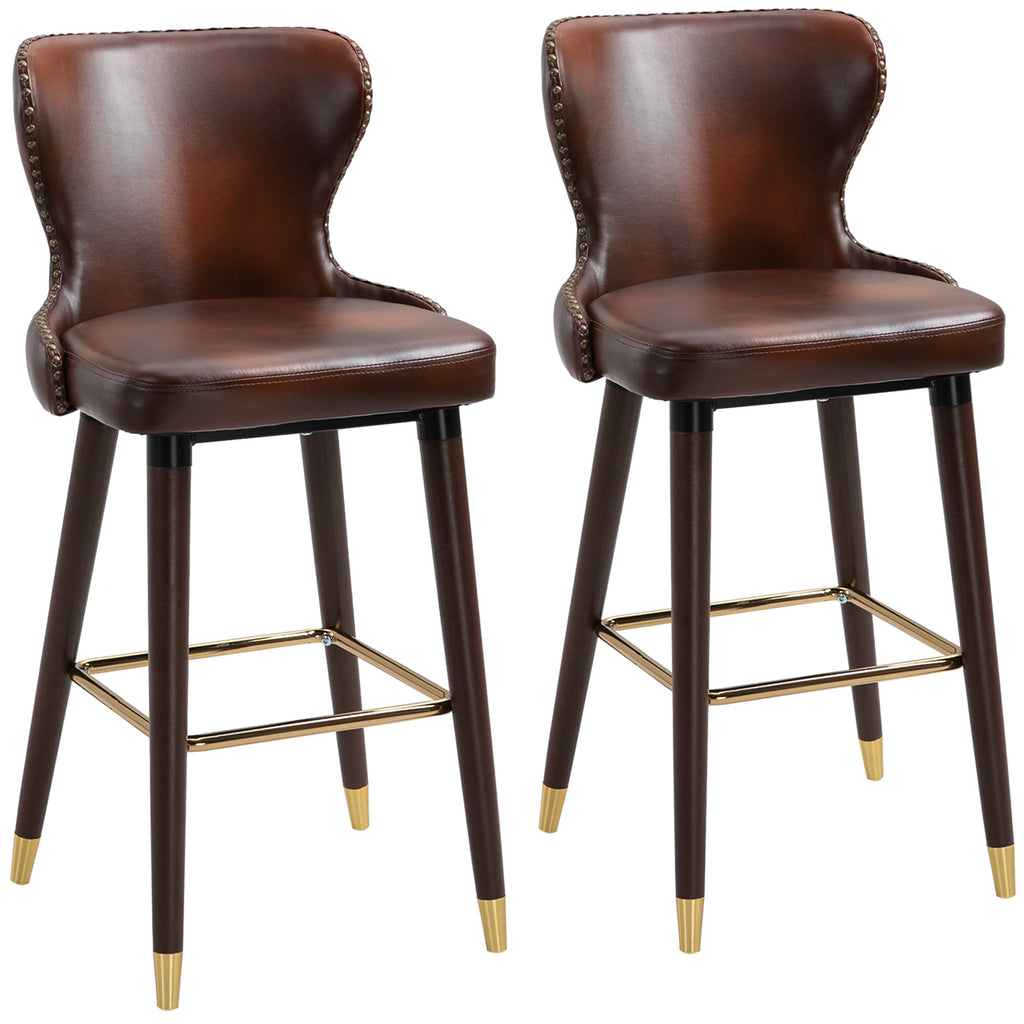 DodiOnline Bar Stools Set of 2, PU Leather Vintage Counter-Height Bar Chair, Luxury European Style Kitchen Stools with Back, Brown