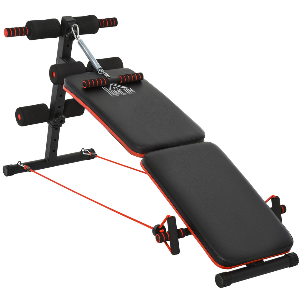 DodiOnline Sit Up Bench Core Workout Adjustable Thigh Support Foldable for Home Gym w/ Arm Pulling Rope Black