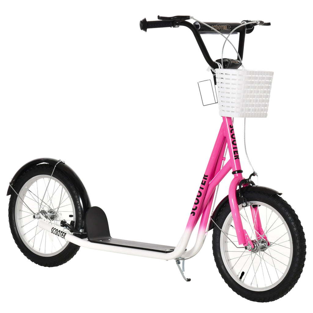 DodiOnline Kids Scooter, Kick Stunt Scooter with Adjustable Handlebar, Dual Brakes, Basket, Cupholder, Mudguard, 16" Inflatable Rubber Wheels, for 5-12 years, Pink
