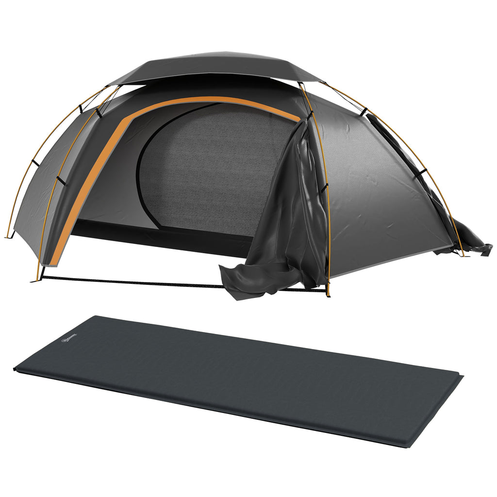 DodiOnline Camping Tent with Self Inflatable Mattress, 1 Person Dome Tent with Removable Rainfly and Aluminium Frame, 2000mm Waterproof, Portable with Bags, for Fishing Hiking, Dark Grey/Grey