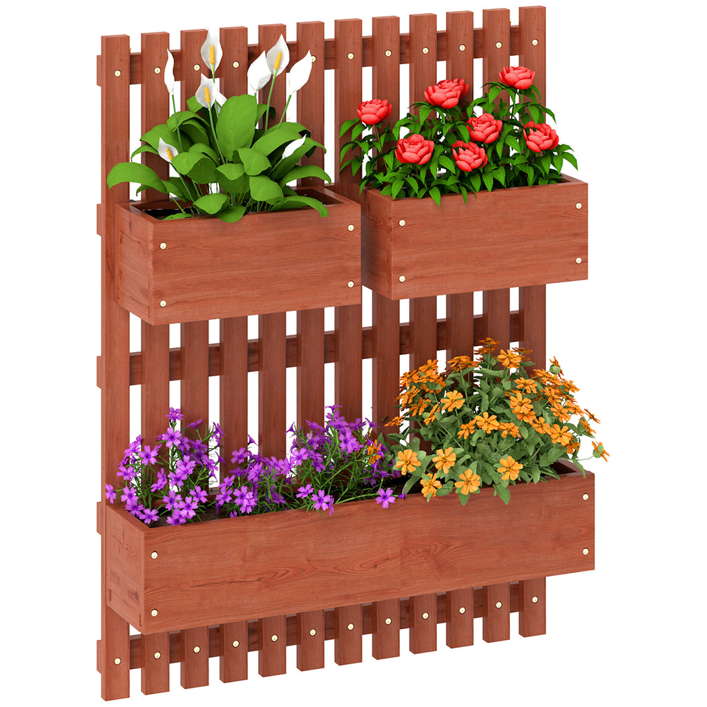 DodiOnline Wall-mounted Wooden Garden Planters with Trellis, Drainage Holes and 3 Planter Boxes for Patio, Brown