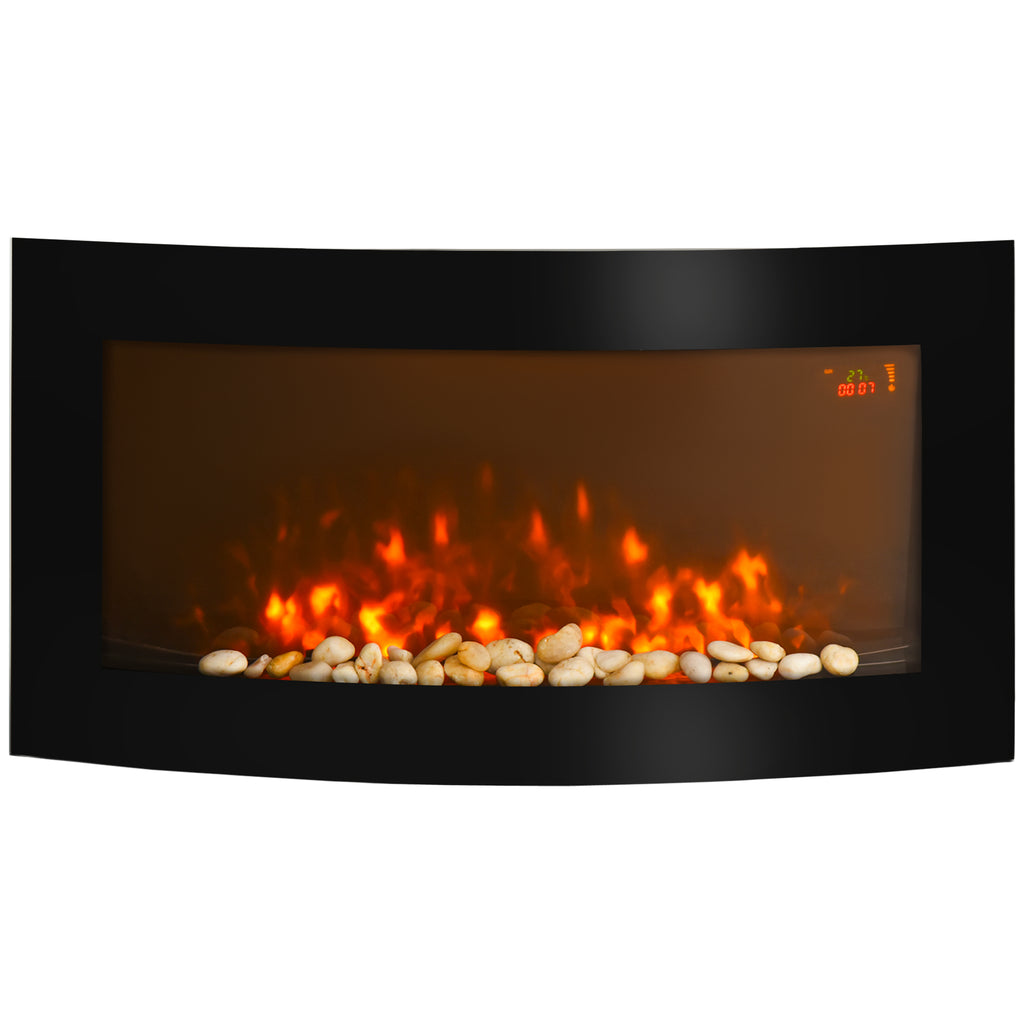 DodiOnline Led Wall Mounted Fireplace Curved Glass Electric Fire Place Fire Place 7 Colour Side Lights Slimline, 1000/2000W, 89.2cm x 48cm