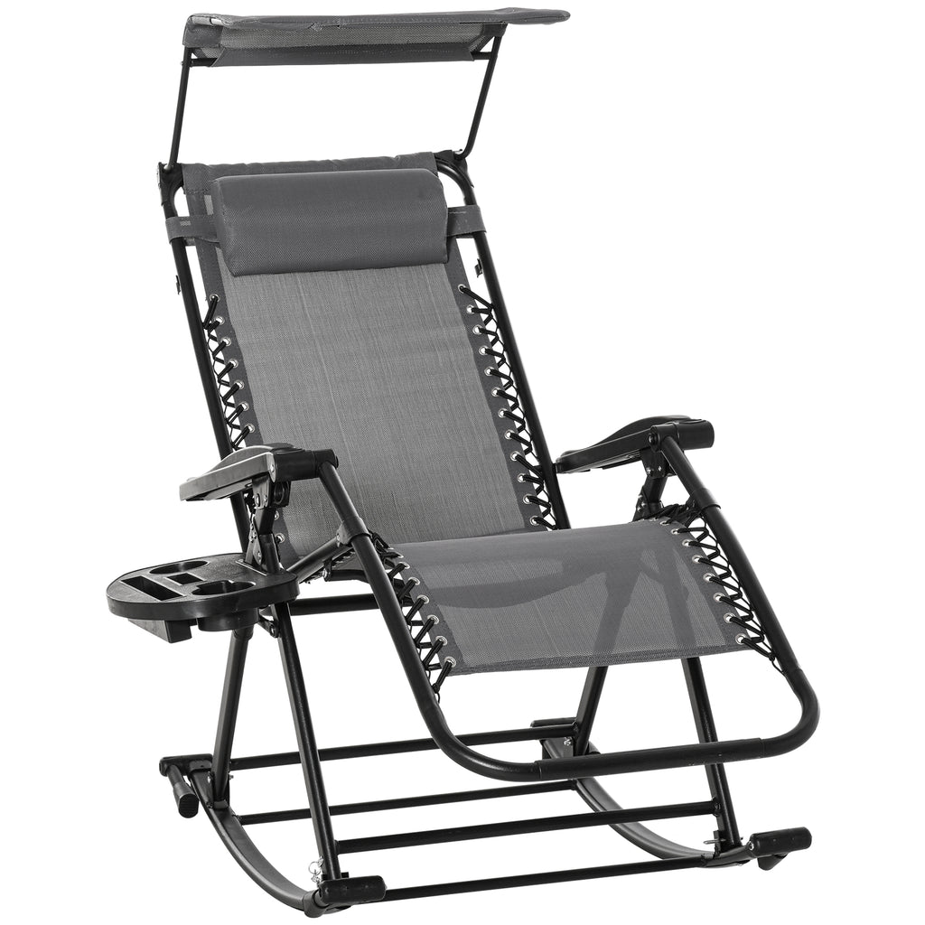 DodiOnline Garden Rocking Chair Folding Recliner Outdoor Adjustable Sun Lounger Rocker Zero-Gravity Seat with Headrest Side Holder Patio Deck - Grey