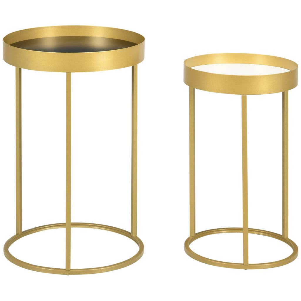 DodiOnline Nest of Tables, Round Coffee Table Set of 2, Nesting Tables with Embedded Tabletop and Metal Frame, Gold Side Table for Living Room, Bedroom