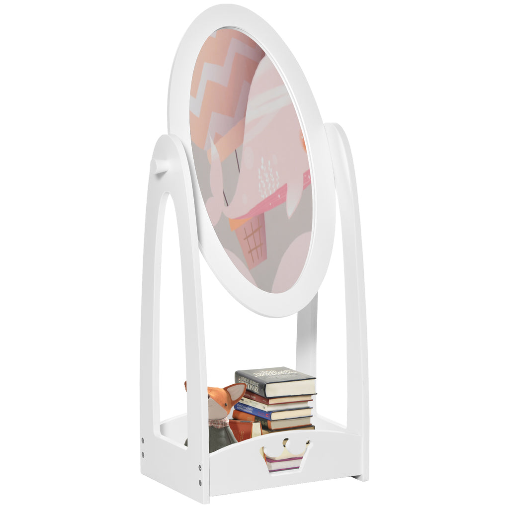DodiOnline Free Standing Full Length Mirror, Child's Dressing Mirror with storage shelf, Children's White Bedroom Furniture 360° Rotation MDF, For 3- 8 Years Old, 40L x 30W x 104H cm