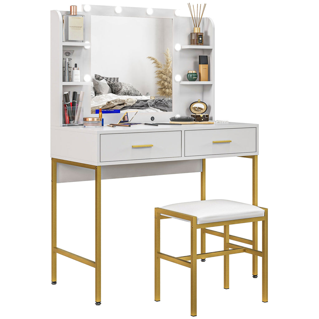 DodiOnline Dressing Table with Lighted Mirror, Cushioned Stool, Drawers, Shelves, LED Makeup Vanity Desk Set, Modern Dresser Vanity Table for Bedroom, White