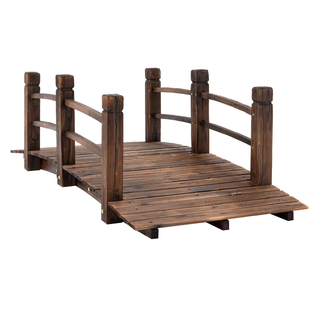 DodiOnline 1.5M Wooden Garden Bridge Lawn Décor Stained Finish Arc Outdoor Pond Walkway w/ Railings Water Yard Decoration