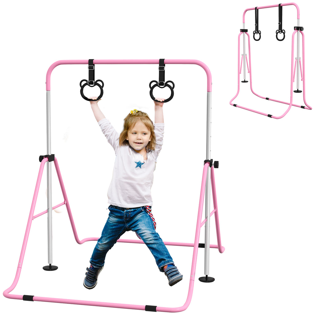 DodiOnline Adjustable Height, Foldable Kids Gymnastics Bar w/ Non-slip Rubber Floor Rings, for 3+ Years, Pink