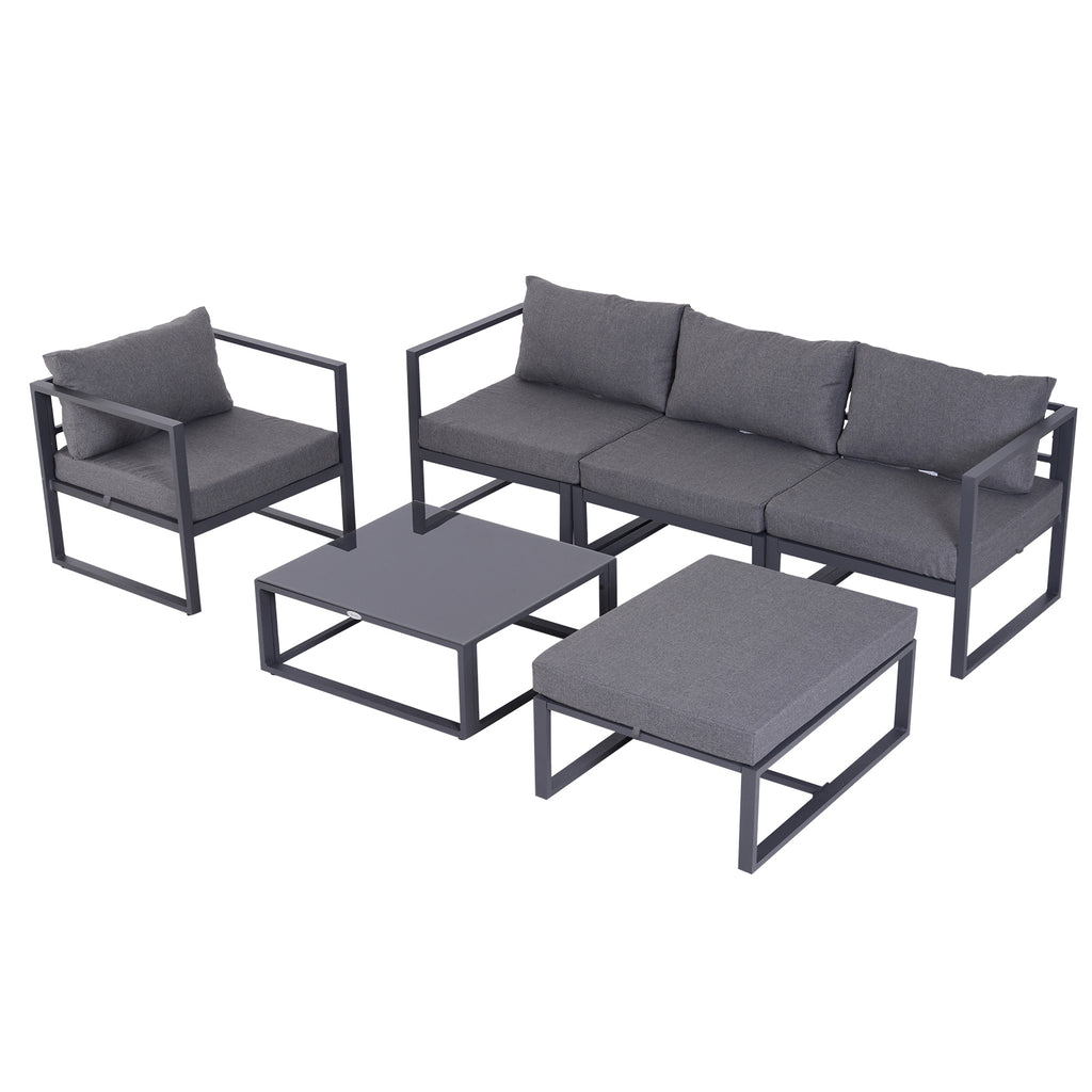 DodiOnline 6 PCs Outdoor Indoor Sectional Sofa Set Thick Padded Cushions Aluminium Frame 5 Seaters 1 Coffee Table Footrest Grey
