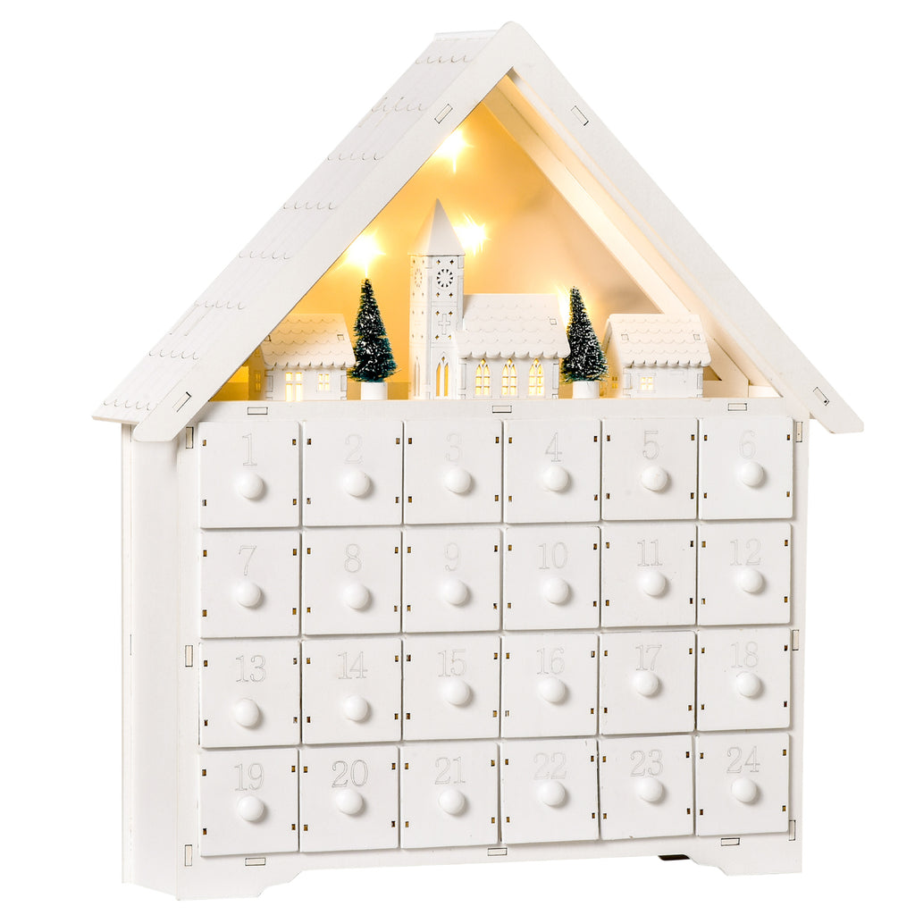 DodiOnline 24-Drawer Christmas Advent Calendar, Wooden Light-Up Traditional Decoration, Adults Kids Countdown Holiday House w/ Lights Handle White