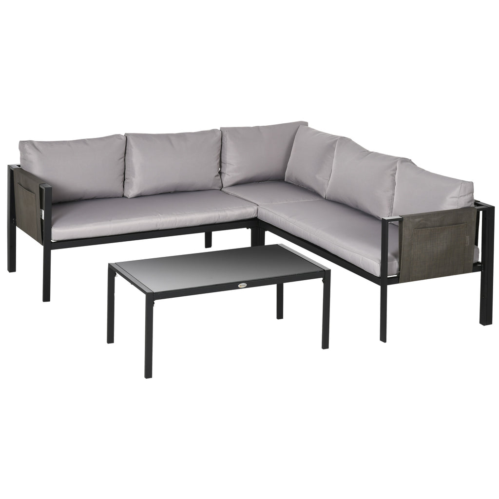 DodiOnline 4 Piece Metal Outdoor Furniture Set with Tempered Glass Coffee Table, Breathable Mesh Pocket, Outdoor Conversational Corner Sofa Loveseat with Padded Cushions, Light Grey