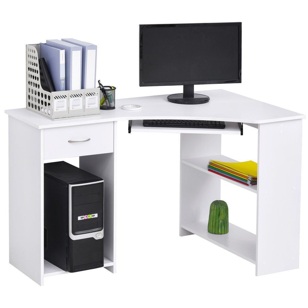 DodiOnline L-Shaped Corner Computer Desk w/ 2 Shelves Wide Worktop Keyboard Tray Drawer & CPU Stand Home Office Study Bedroom Furniture White