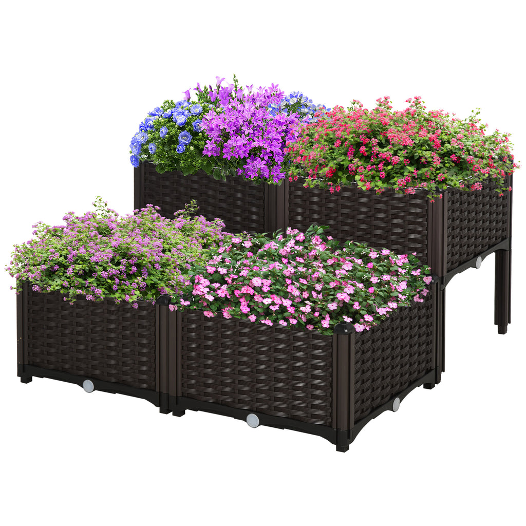 DodiOnline Set of 4 26L Garden Raised Bed Elevated Patio Flower Plant Planter Box PP Vegetables Planting Container, Brown