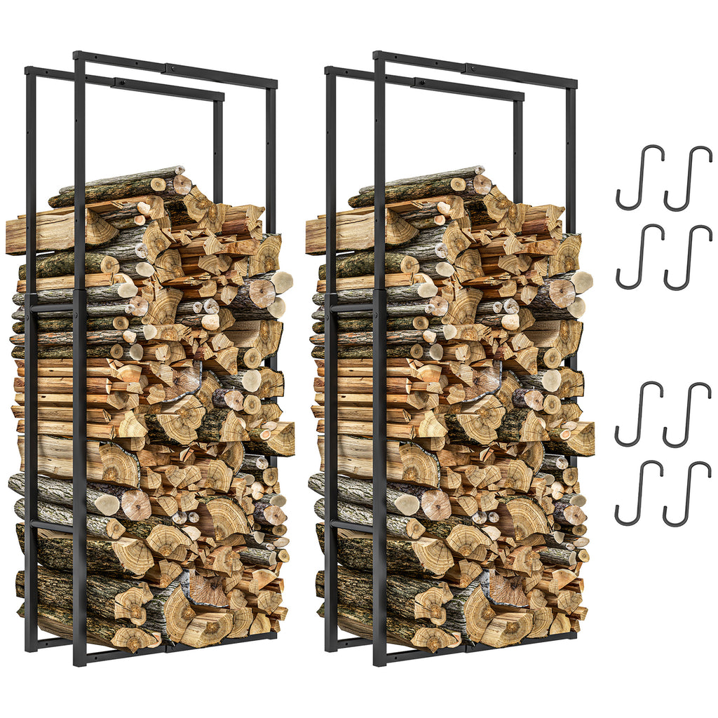 DodiOnline Firewood Log Rack Set of 2, Retractable Metal Wood Store Holder, Indoor Outdoor Fireplace Log Storage Shelf with Hooks, 65 x 25 x 150 cm, Black