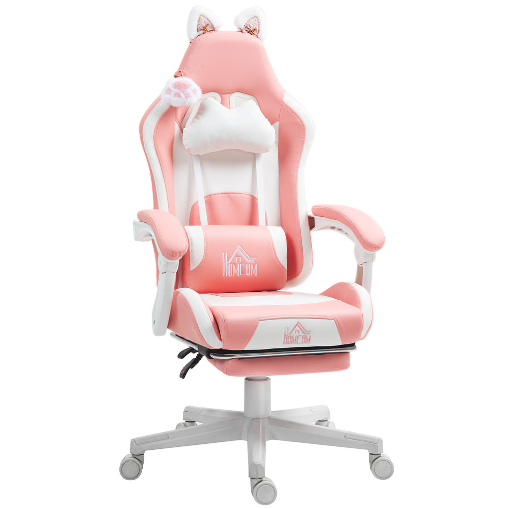 DodiOnline Cat Ear and Paw Reclining Office Chair, with Footrest - Pink/White